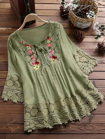 Women's Embroidered Lace Trim Tunic Blouse