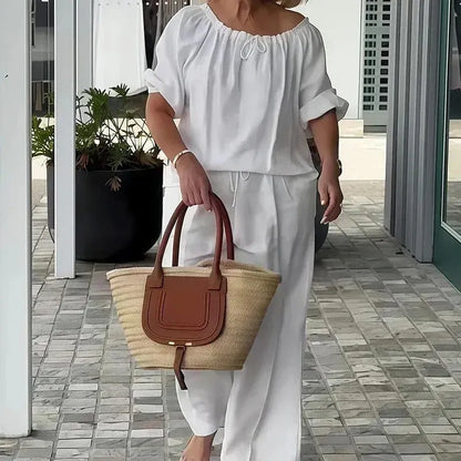 Women’s Off-Shoulder Drawstring Top and Wide-Leg Pants Set
