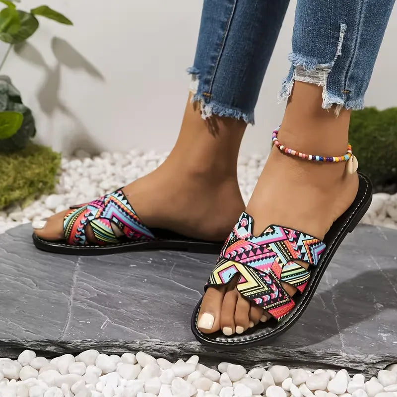Women’s Printed Crisscross Flat Slide Sandals