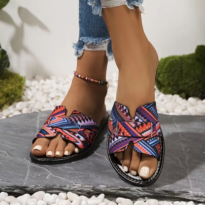 Women’s Printed Crisscross Flat Slide Sandals