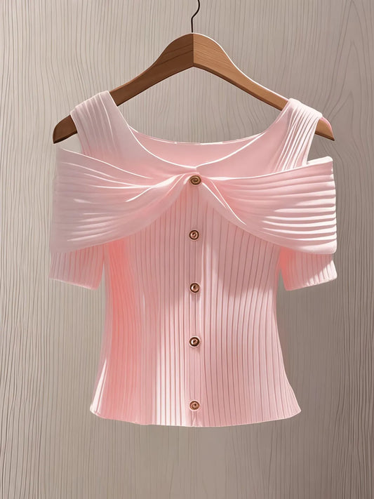 Women's Ribbed Off-Shoulder Button Front Slim Fit Top