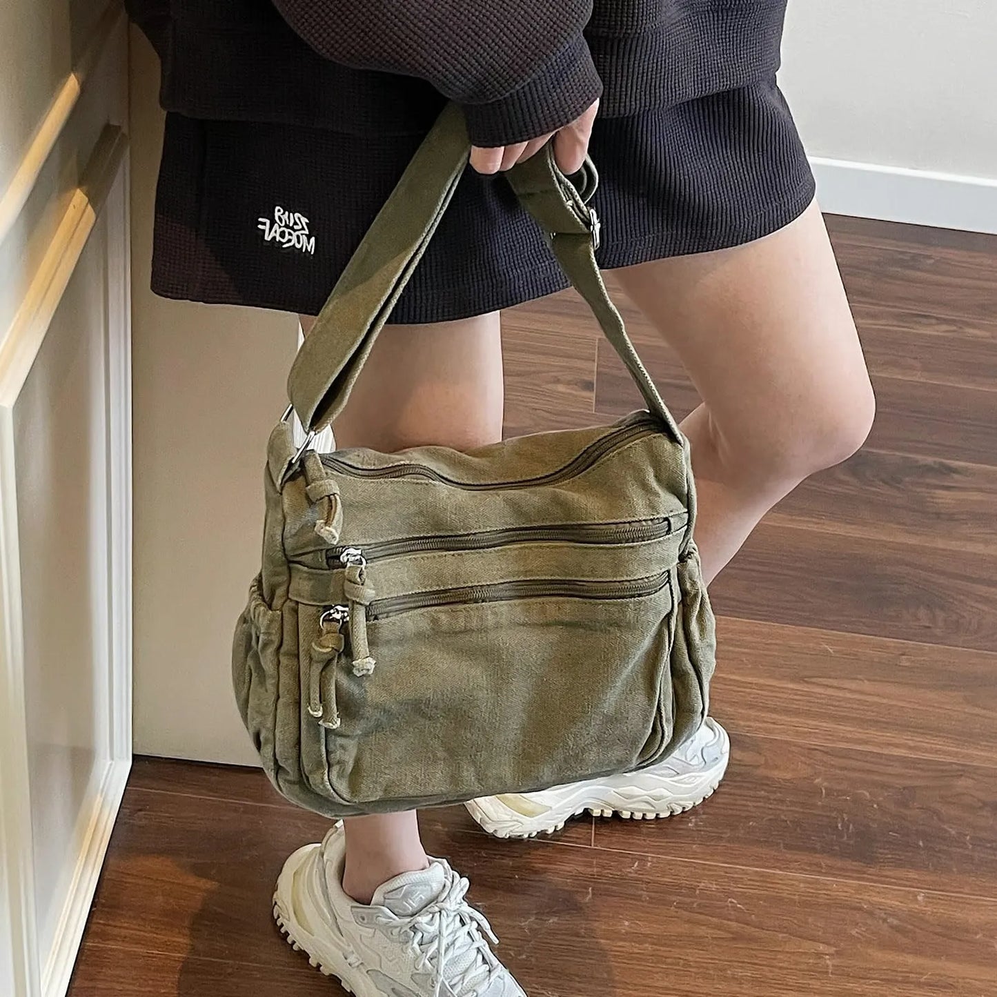 Multi-Pocket Canvas Crossbody Bag