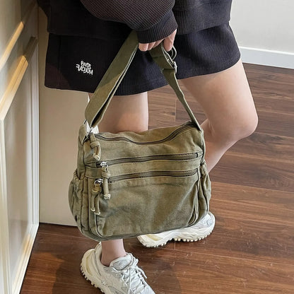 Multi-Pocket Canvas Crossbody Bag