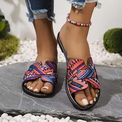 Women’s Printed Crisscross Flat Slide Sandals