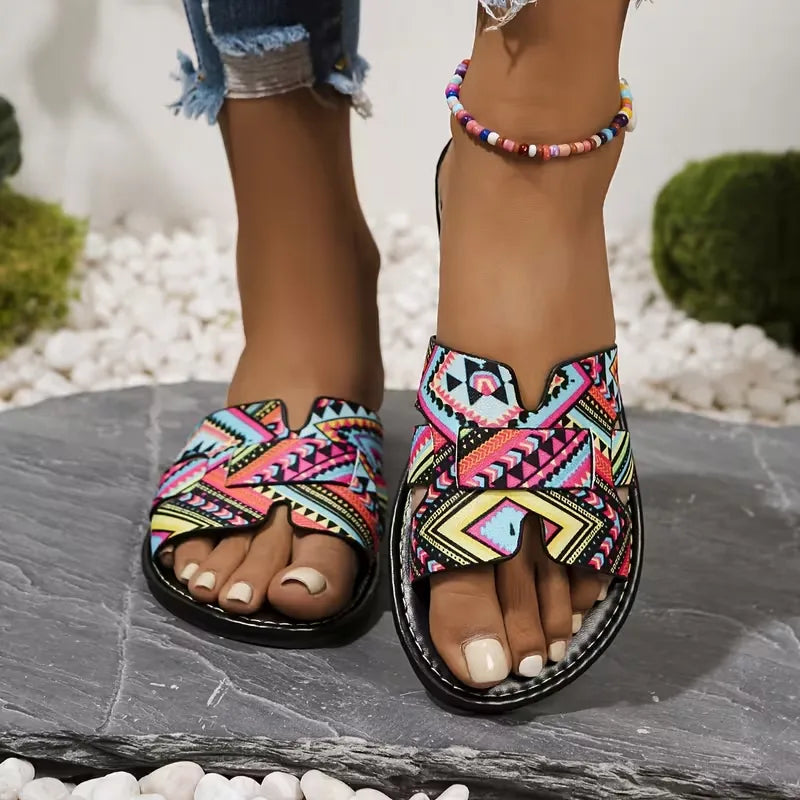 Women’s Printed Crisscross Flat Slide Sandals