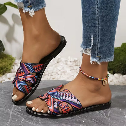 Women’s Printed Crisscross Flat Slide Sandals