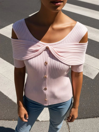 Women's Ribbed Off-Shoulder Button Front Slim Fit Top