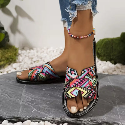 Women’s Printed Crisscross Flat Slide Sandals