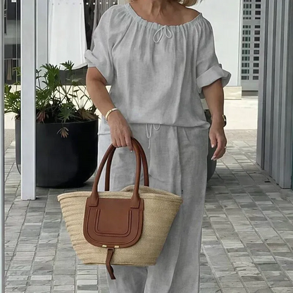 Women’s Off-Shoulder Drawstring Top and Wide-Leg Pants Set