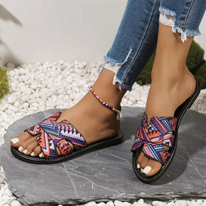 Women’s Printed Crisscross Flat Slide Sandals