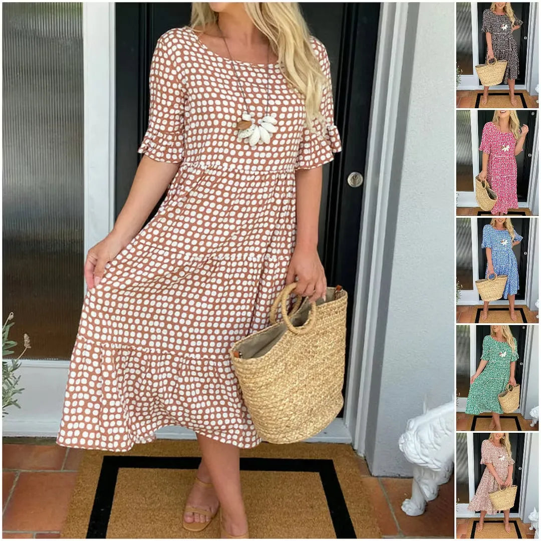 Women's Round Neck Polka Dot Midi Dress