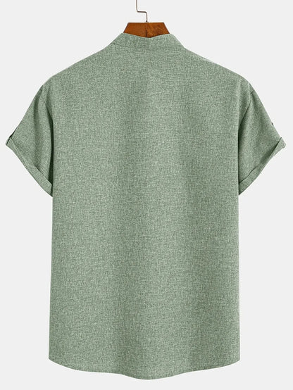 Men’s Textured Short Sleeve Stand Collar Henley Shirt