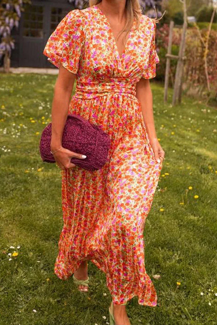 Women’s Floral V-Neck Smocked Waist Maxi Dress