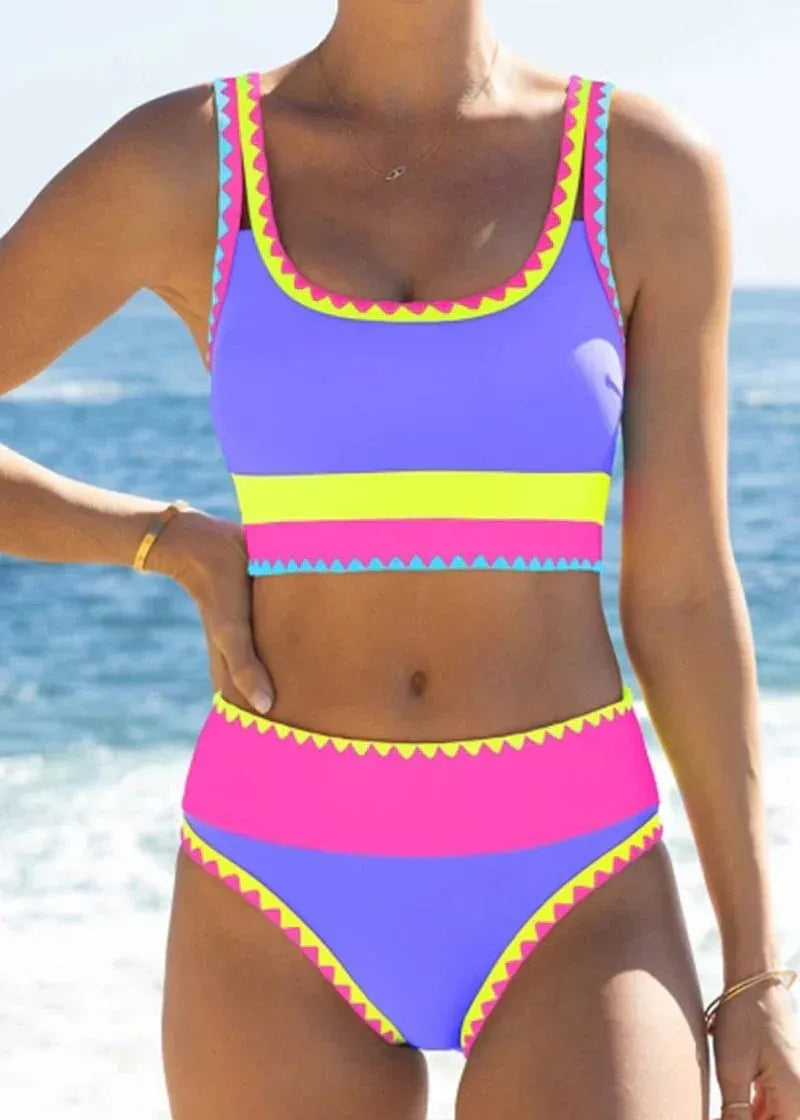 Color Block Sporty 3-Piece Bikini Set with High-Waisted Bottom & Cover Skirt