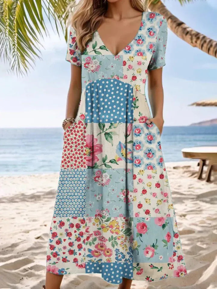 Women's Patchwork Floral V-Neck Pocket Dress