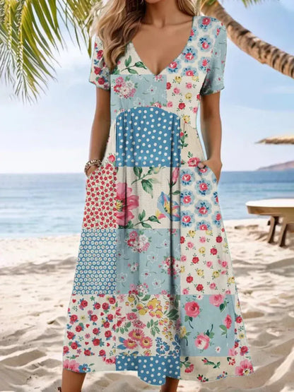 Women's Patchwork Floral V-Neck Pocket Dress