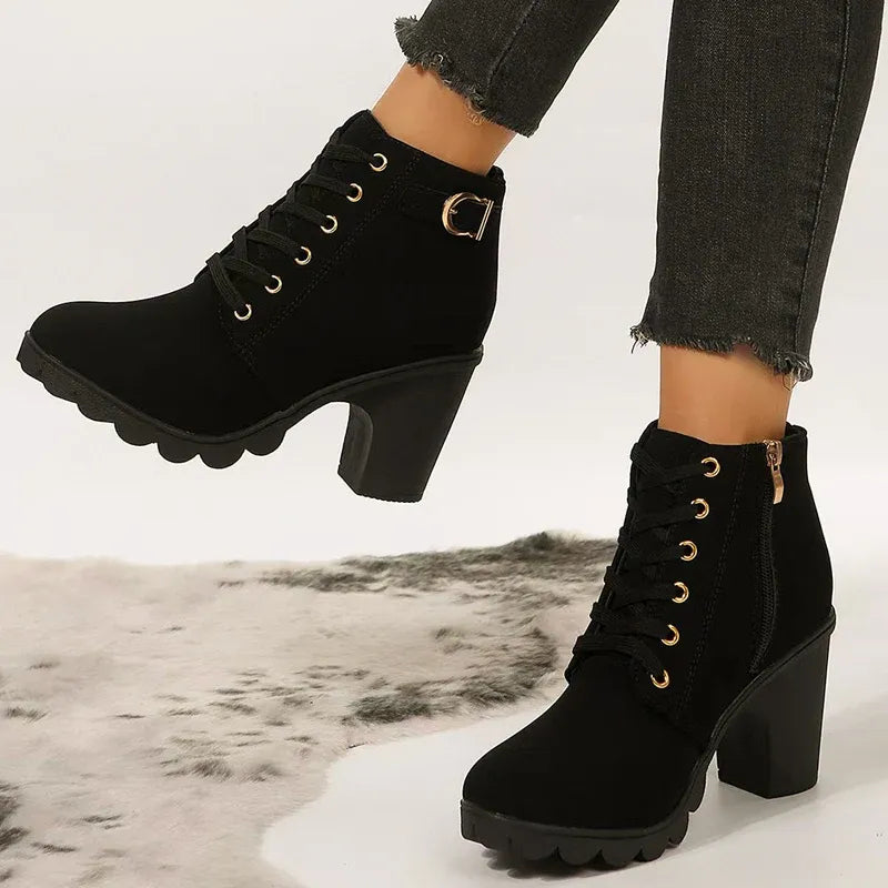 Women’s Lace-Up Buckle Block Heel Ankle Boots