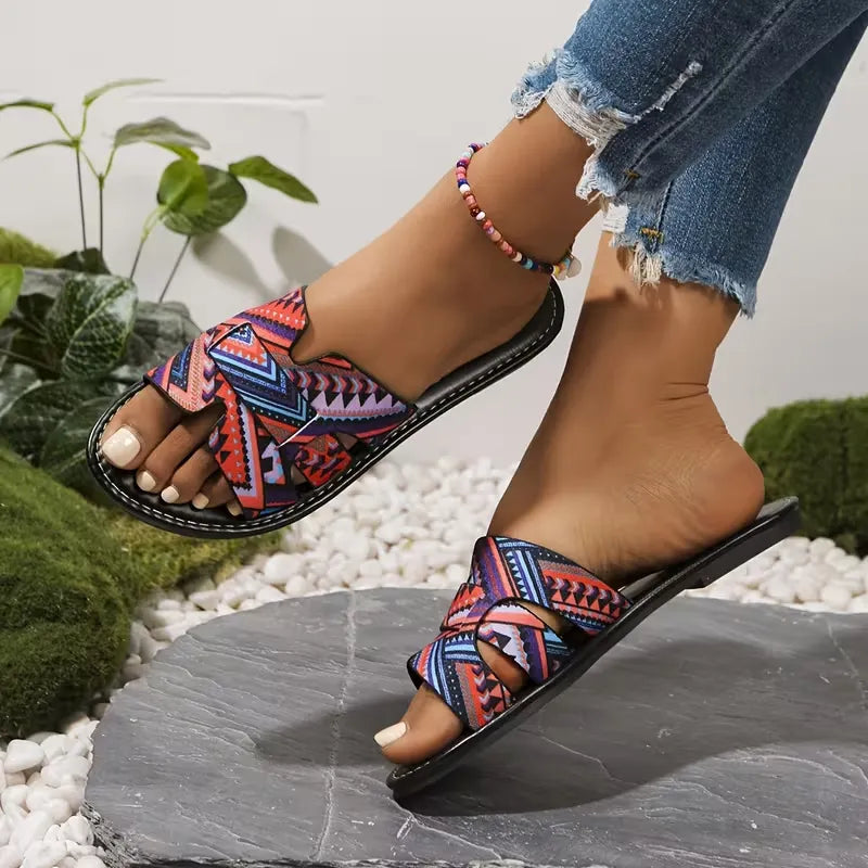 Women’s Printed Crisscross Flat Slide Sandals