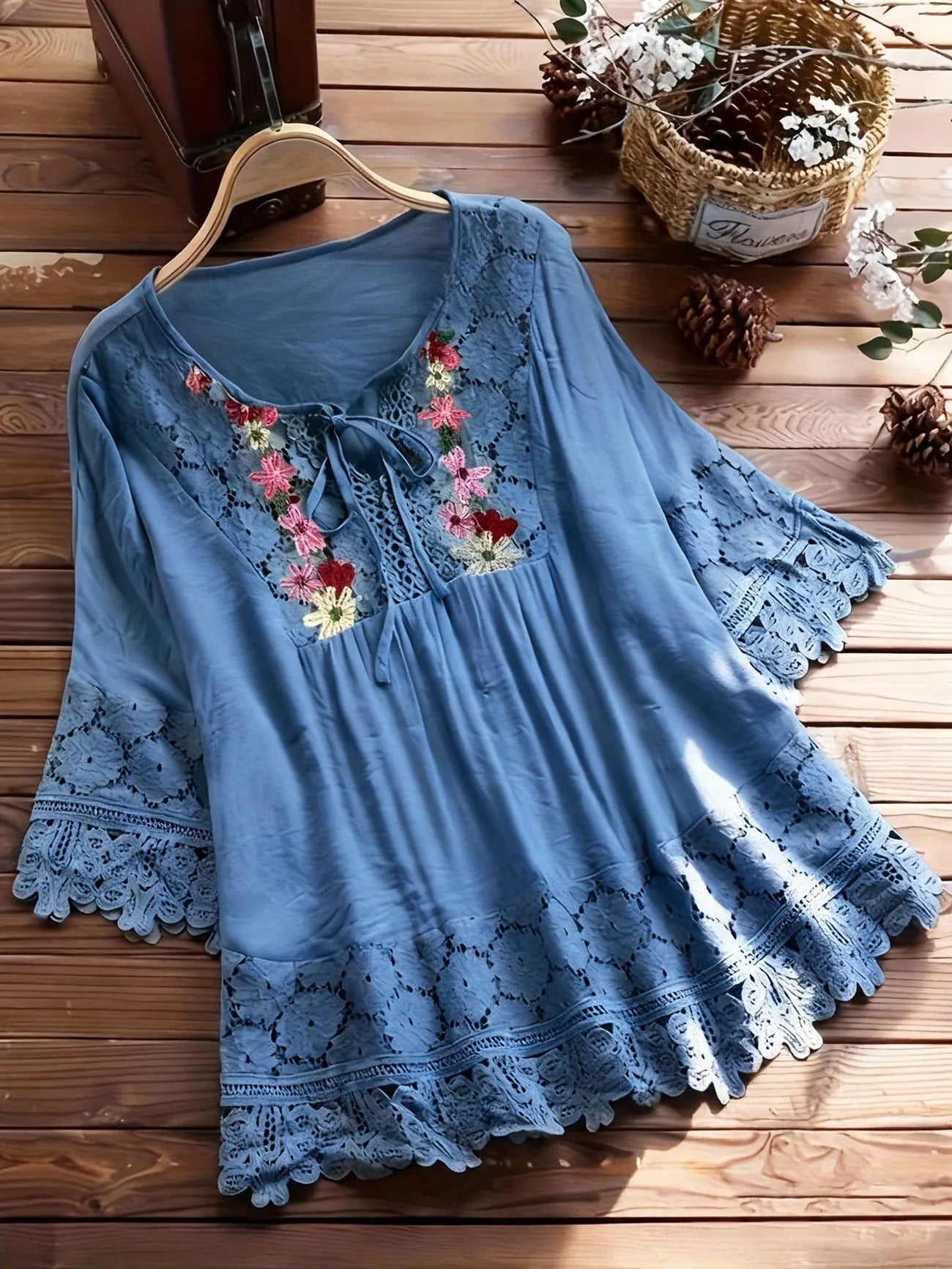 Women's Embroidered Lace Trim Tunic Blouse