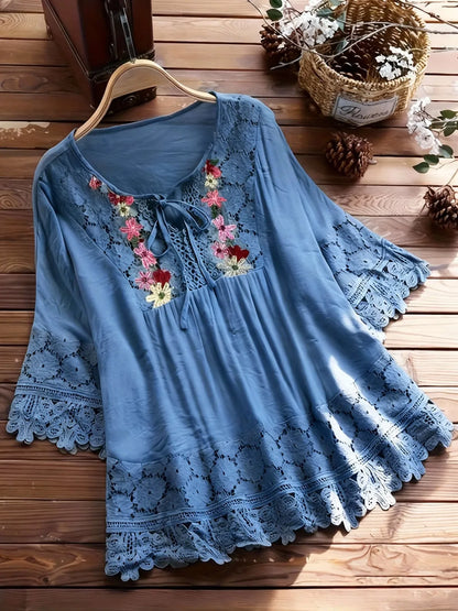 Women's Embroidered Lace Trim Tunic Blouse