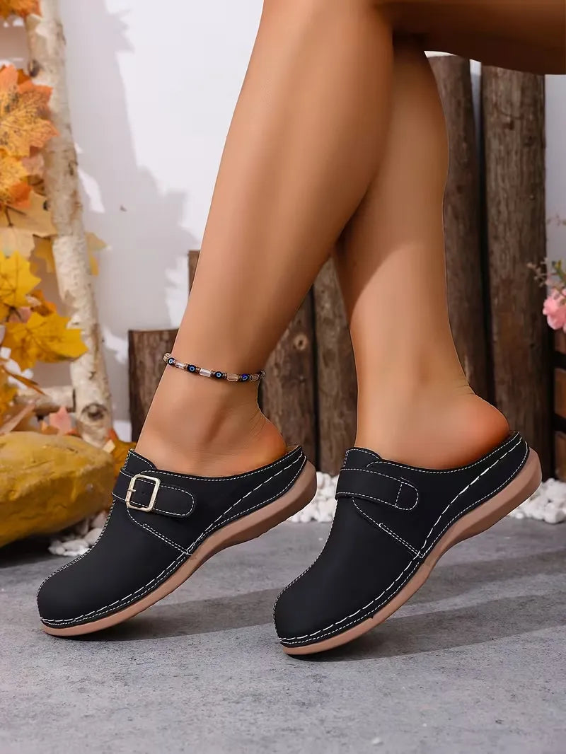 Women’s Buckle-Accent Slip-On Mule Flats
