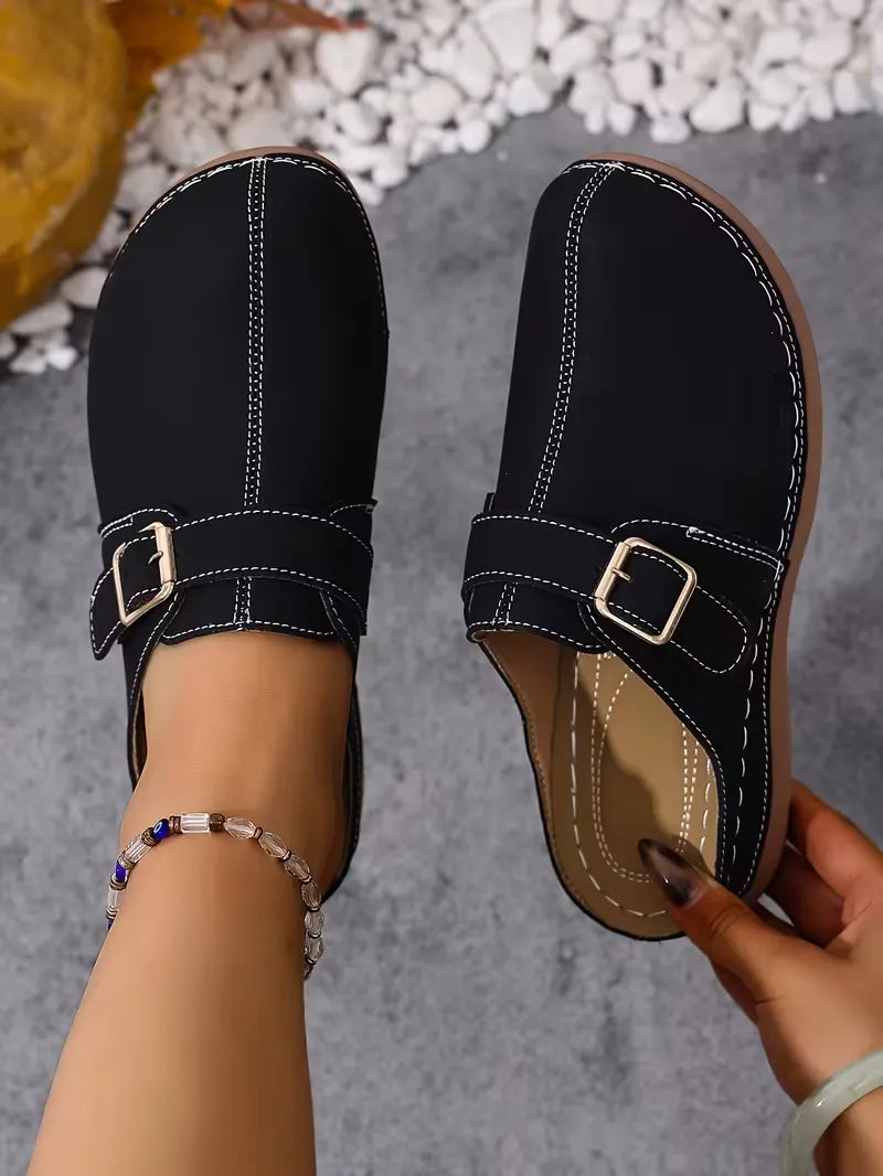 Women’s Buckle-Accent Slip-On Mule Flats