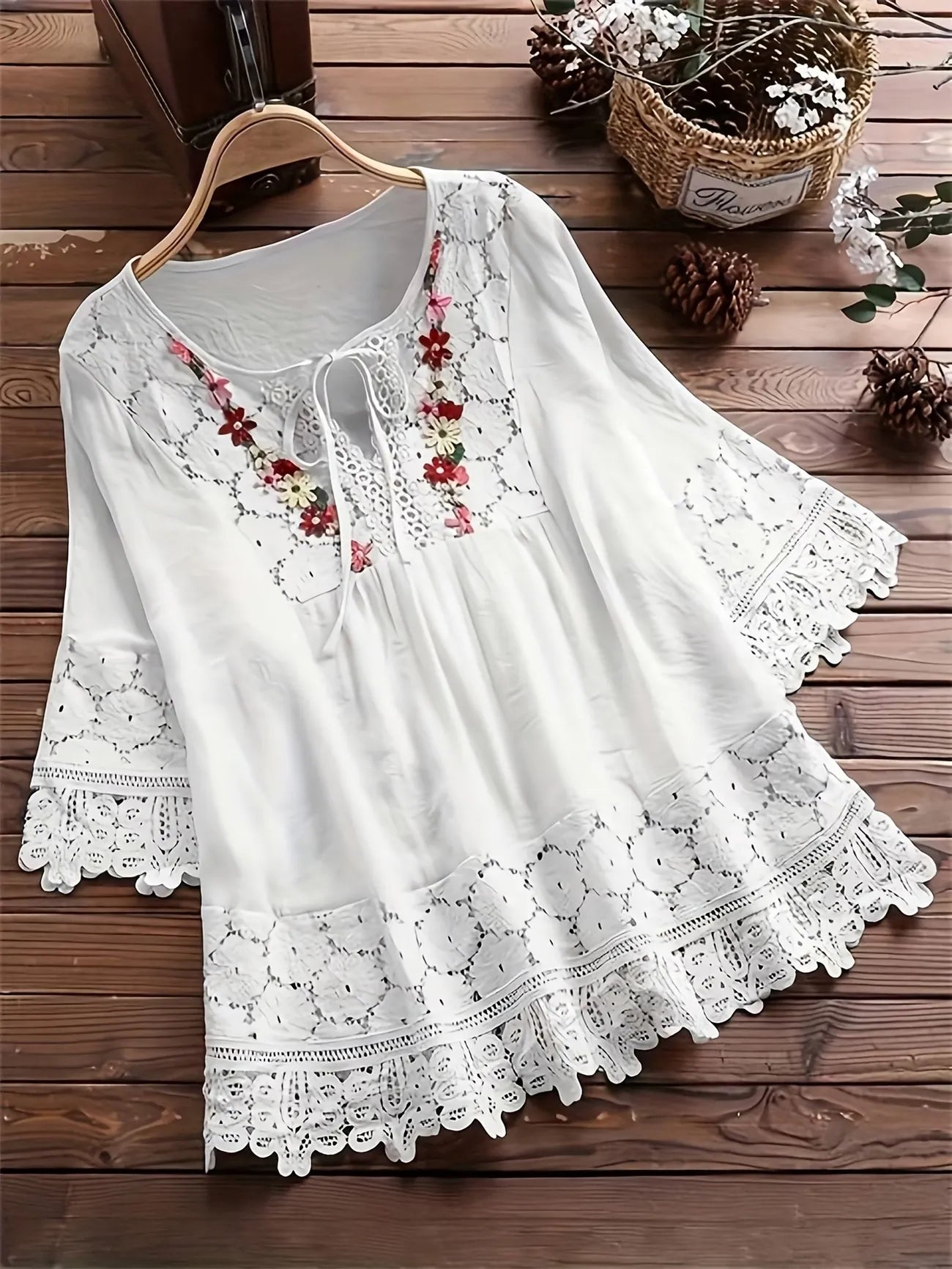 Women's Embroidered Lace Trim Tunic Blouse