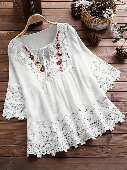 Women's Embroidered Lace Trim Tunic Blouse