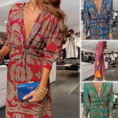 Women’s Printed V-Neck Long Sleeve Midi Dress