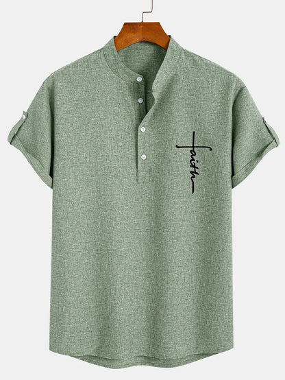 Men’s Textured Short Sleeve Stand Collar Henley Shirt