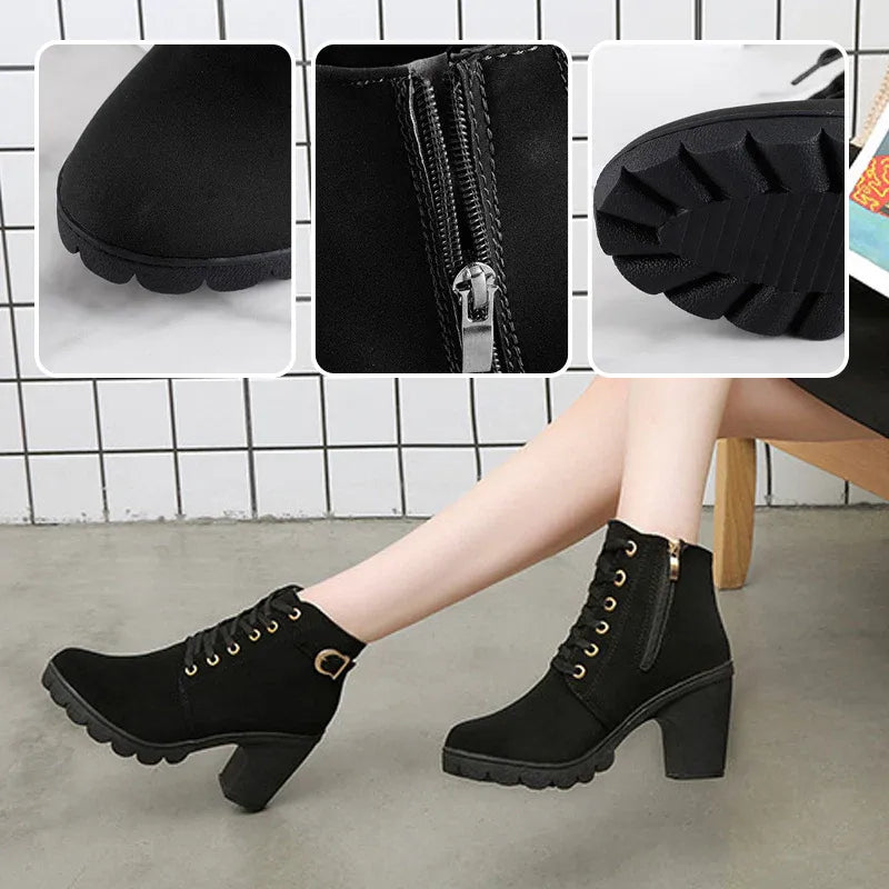 Women’s Lace-Up Buckle Block Heel Ankle Boots