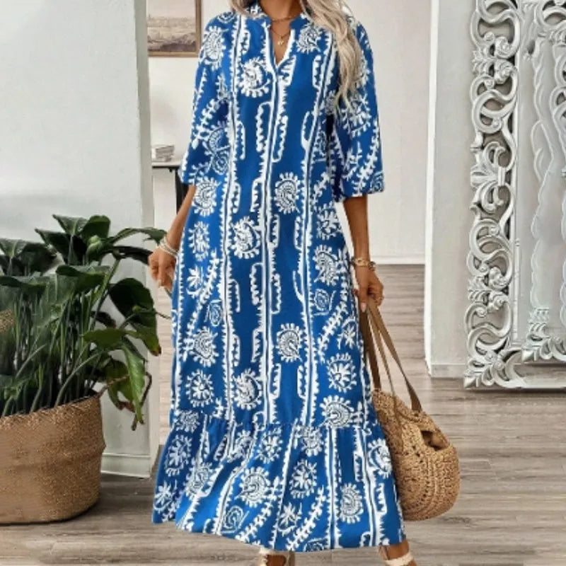 Women’s Boho Print V-Neck Loose Fit Maxi Dress