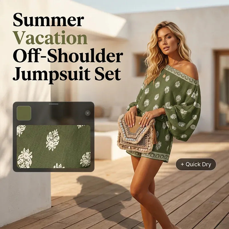 Women’s Boho Off-Shoulder Printed Romper Set