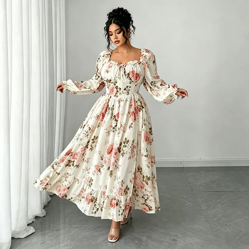 Women’s Floral Square-Neck Puff-Sleeve Maxi Dress