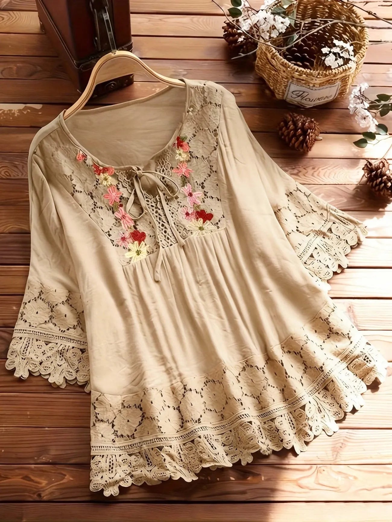 Women's Embroidered Lace Trim Tunic Blouse