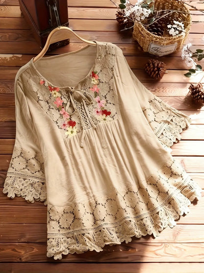 Women's Embroidered Lace Trim Tunic Blouse
