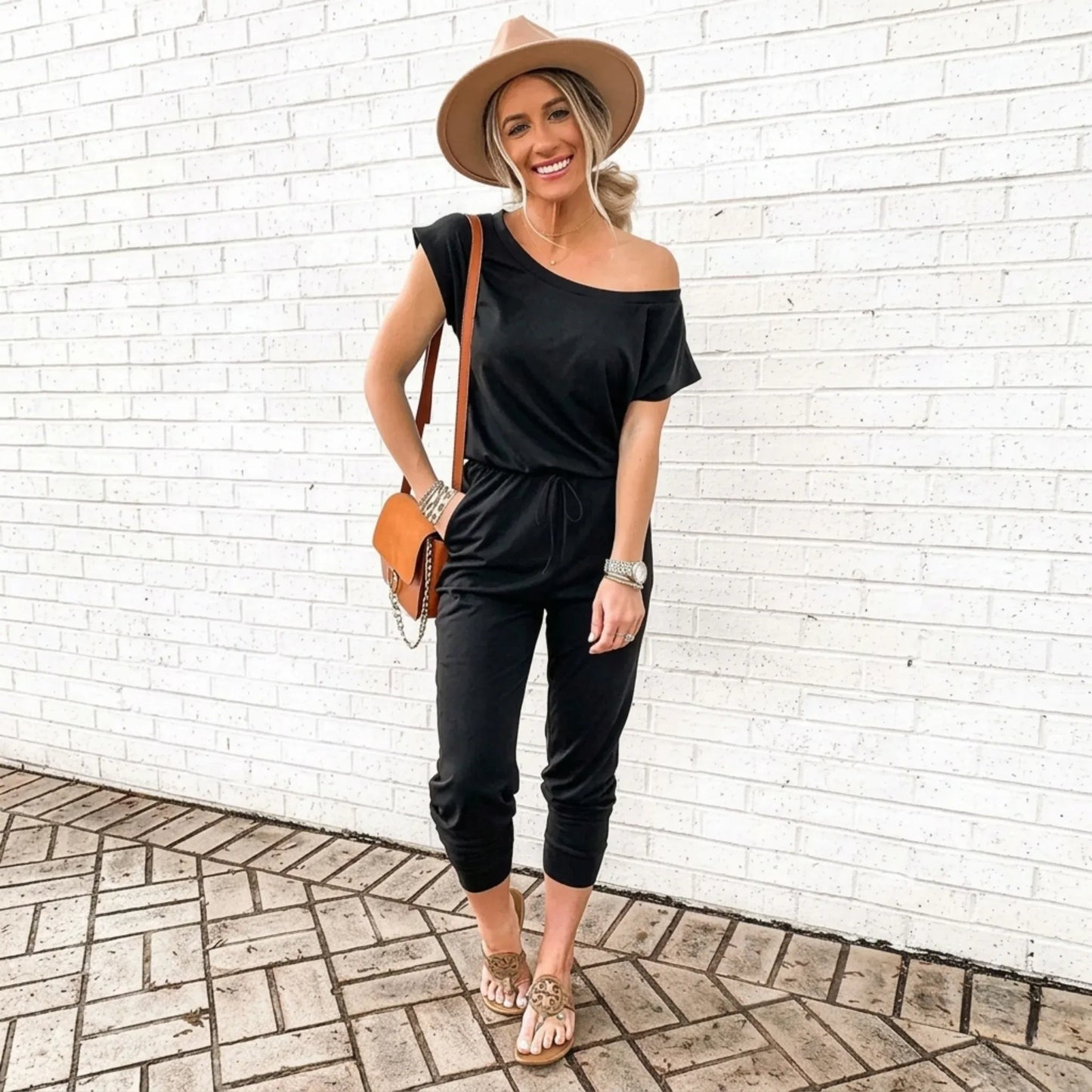 Women’s Casual Off-Shoulder Drawstring Jumpsuit