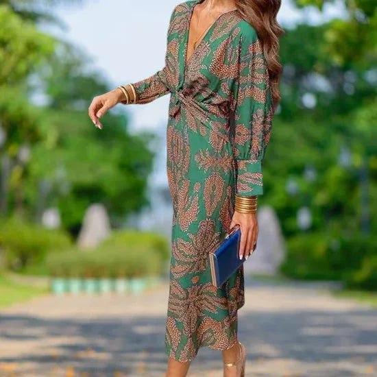 Women’s Printed V-Neck Long Sleeve Midi Dress