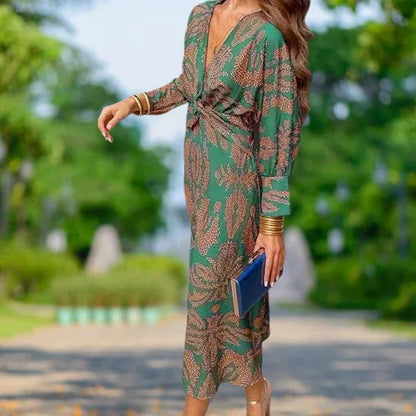 Women’s Printed V-Neck Long Sleeve Midi Dress