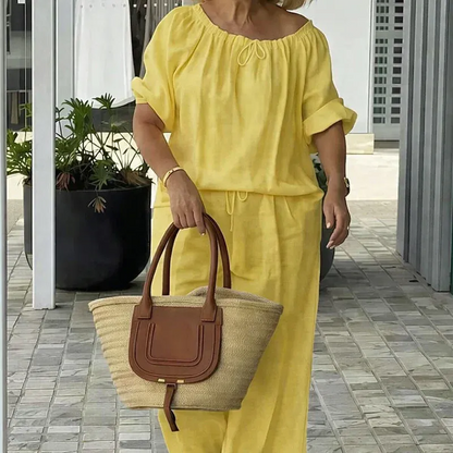 Women’s Off-Shoulder Drawstring Top and Wide-Leg Pants Set