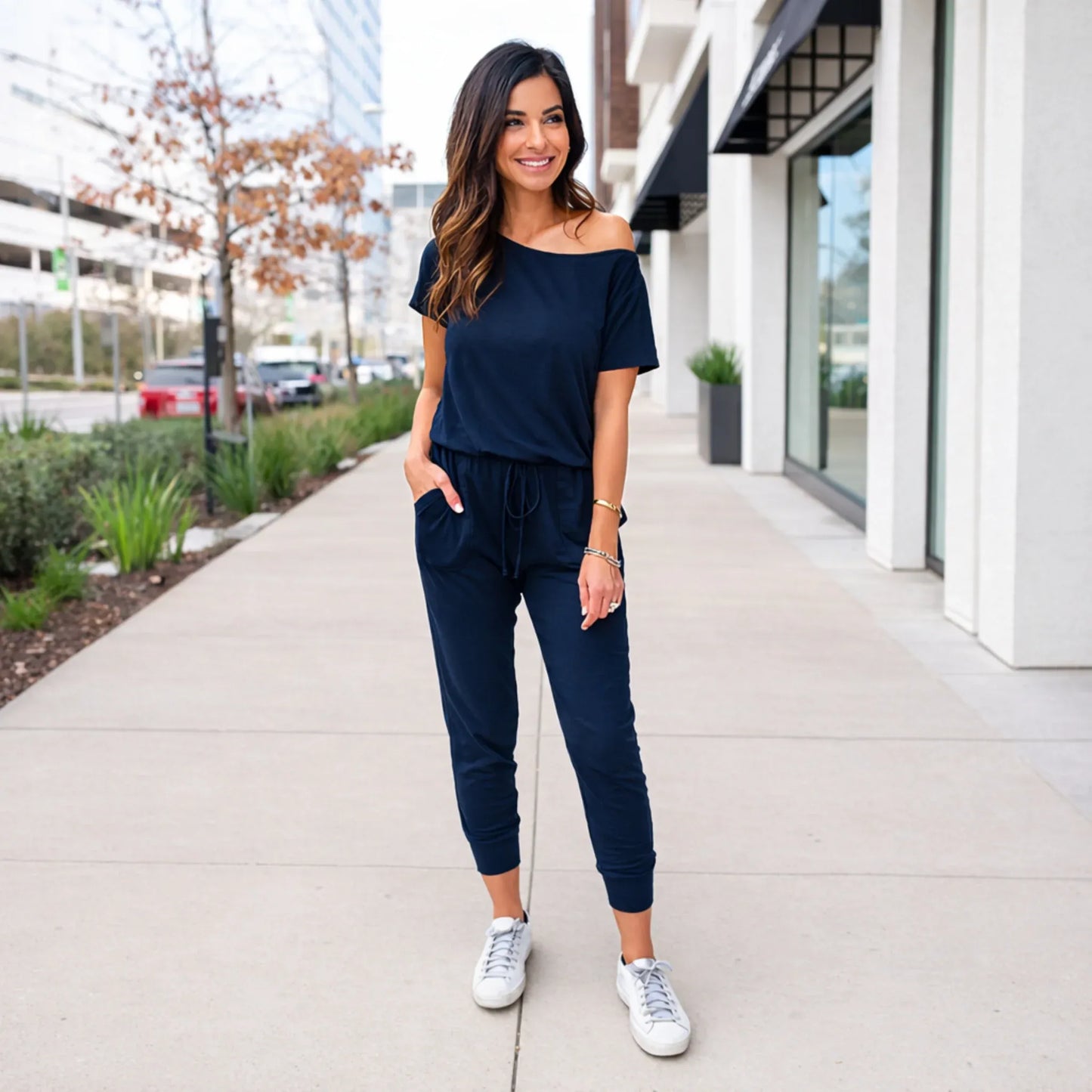 Women’s Casual Off-Shoulder Drawstring Jumpsuit