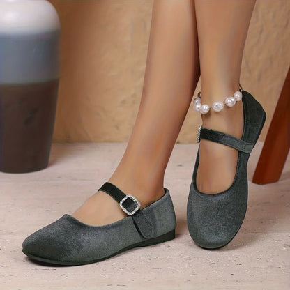 Women’s Velvet Rhinestone Buckle Mary Jane Flats