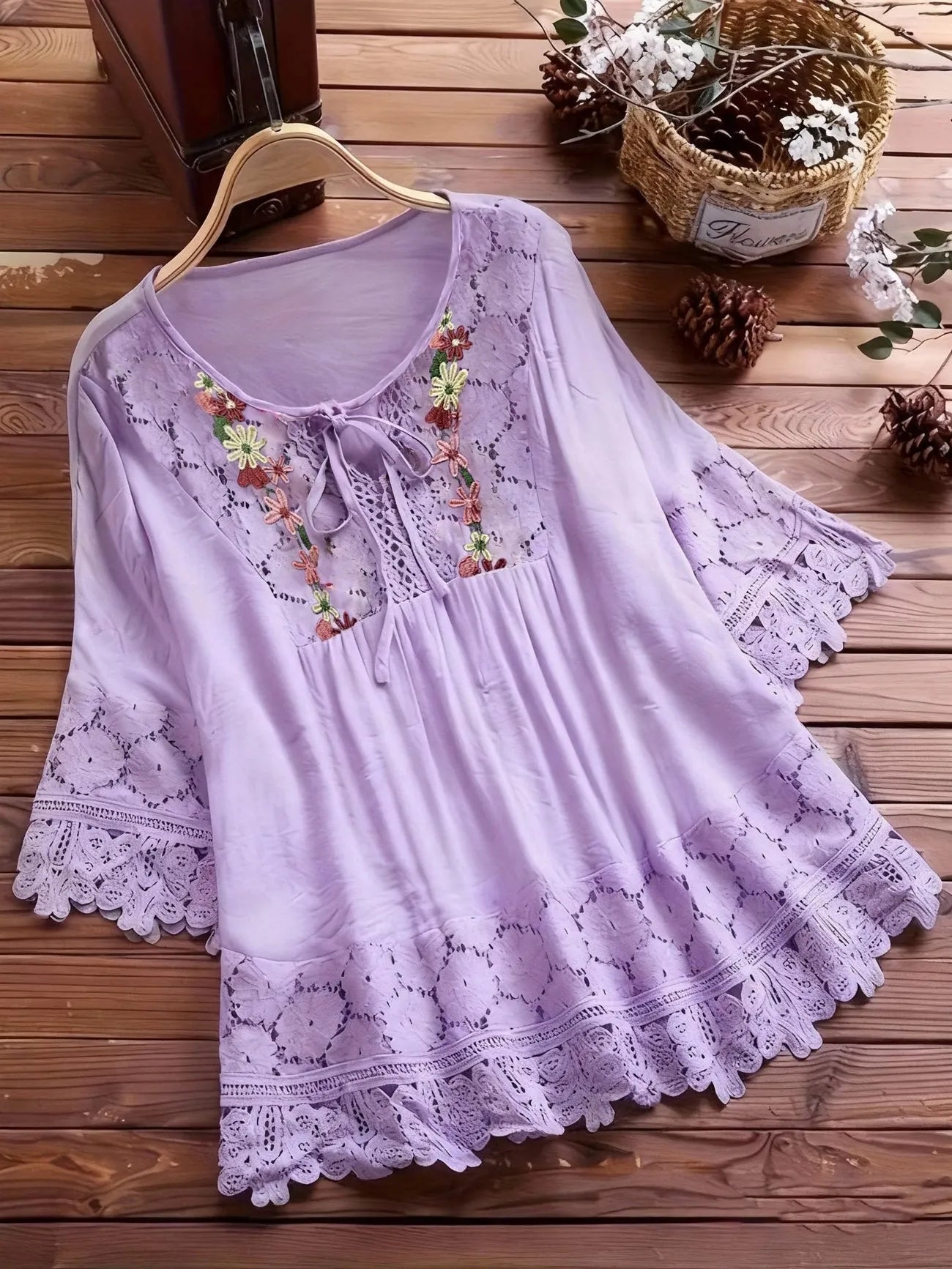 Women's Embroidered Lace Trim Tunic Blouse