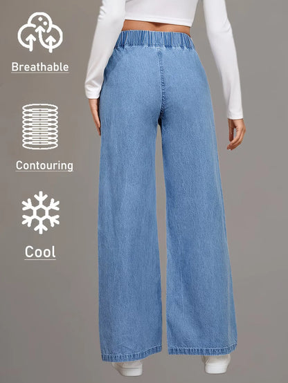 Women's High-Waisted Elastic Waist Wide-Leg Jeans