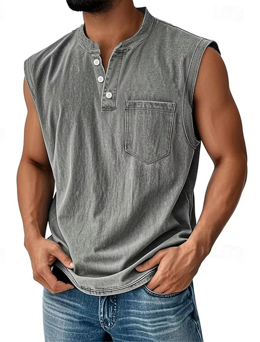 Men’s Sleeveless Henley Tank Top With Pocket