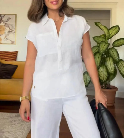 Women’s Summer Linen Shirt and Wide-Leg Pants Set