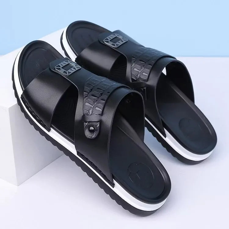 Men's Leather-Look Double Strap Slip-On Sandals
