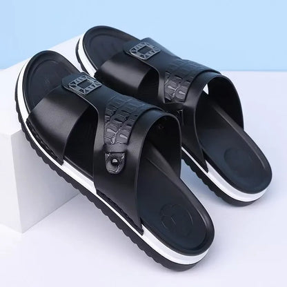 Men's Leather-Look Double Strap Slip-On Sandals