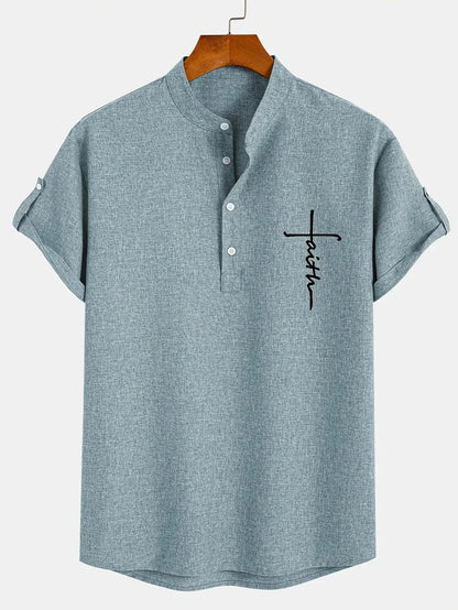 Men’s Textured Short Sleeve Stand Collar Henley Shirt