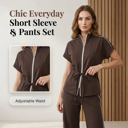 Women’s Zip-Front Short-Sleeve Top and Wide-Leg Pants Set